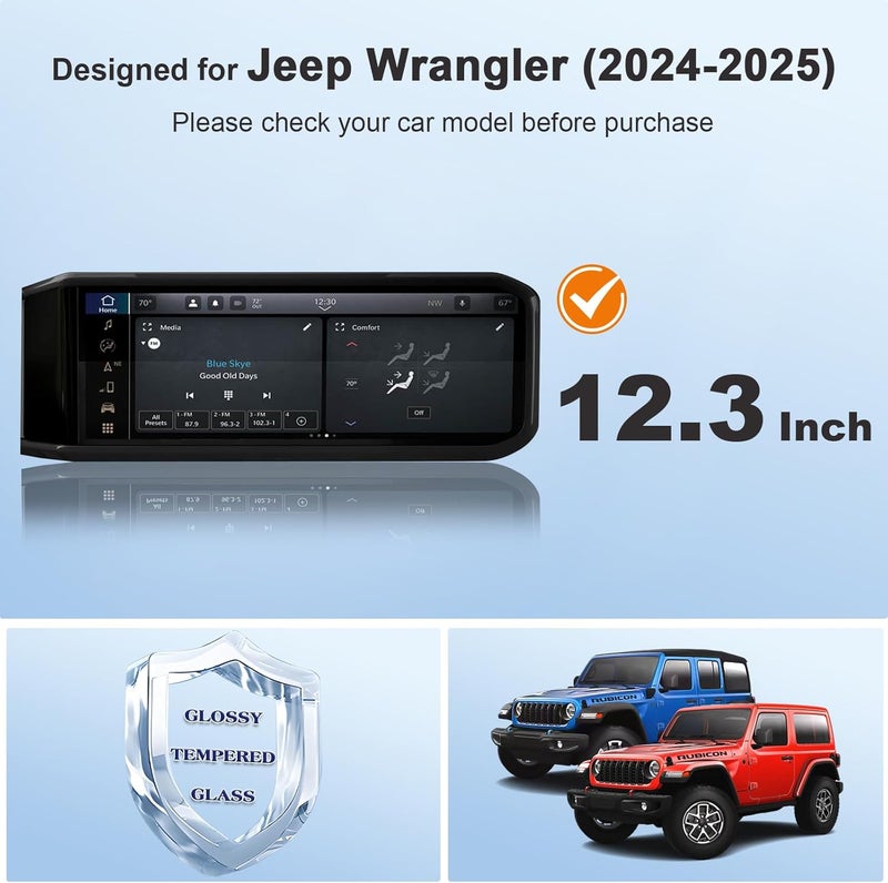 BSTW for 2025 Jeep Wrangler Screen Protector 2024 2025 Wrangler JL Sport S Willys Sahara Rubicon X High Altitude 4xe Uconnect 5 12.3-in Touchscreen Tempered Glass Protective Film - Image 2